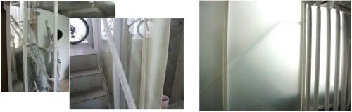 透明の間仕切ガラスサッシなのでカーテンを引いて目隠し　　プライバシーを確保しつつ、採光も可能に