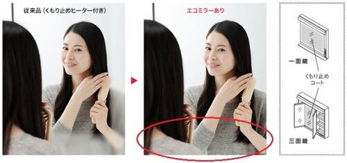全面にくもり止めコートを施しているので、くもりがちな鏡面下部もくっきり！   （画像元：TOTO）